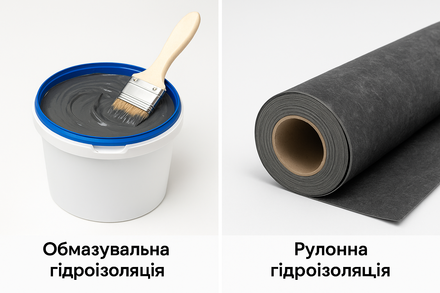 Відро з обмазувальною гідроізоляцією та пензлем поруч з рулоном гідроізоляційного матеріалу для порівняння методів