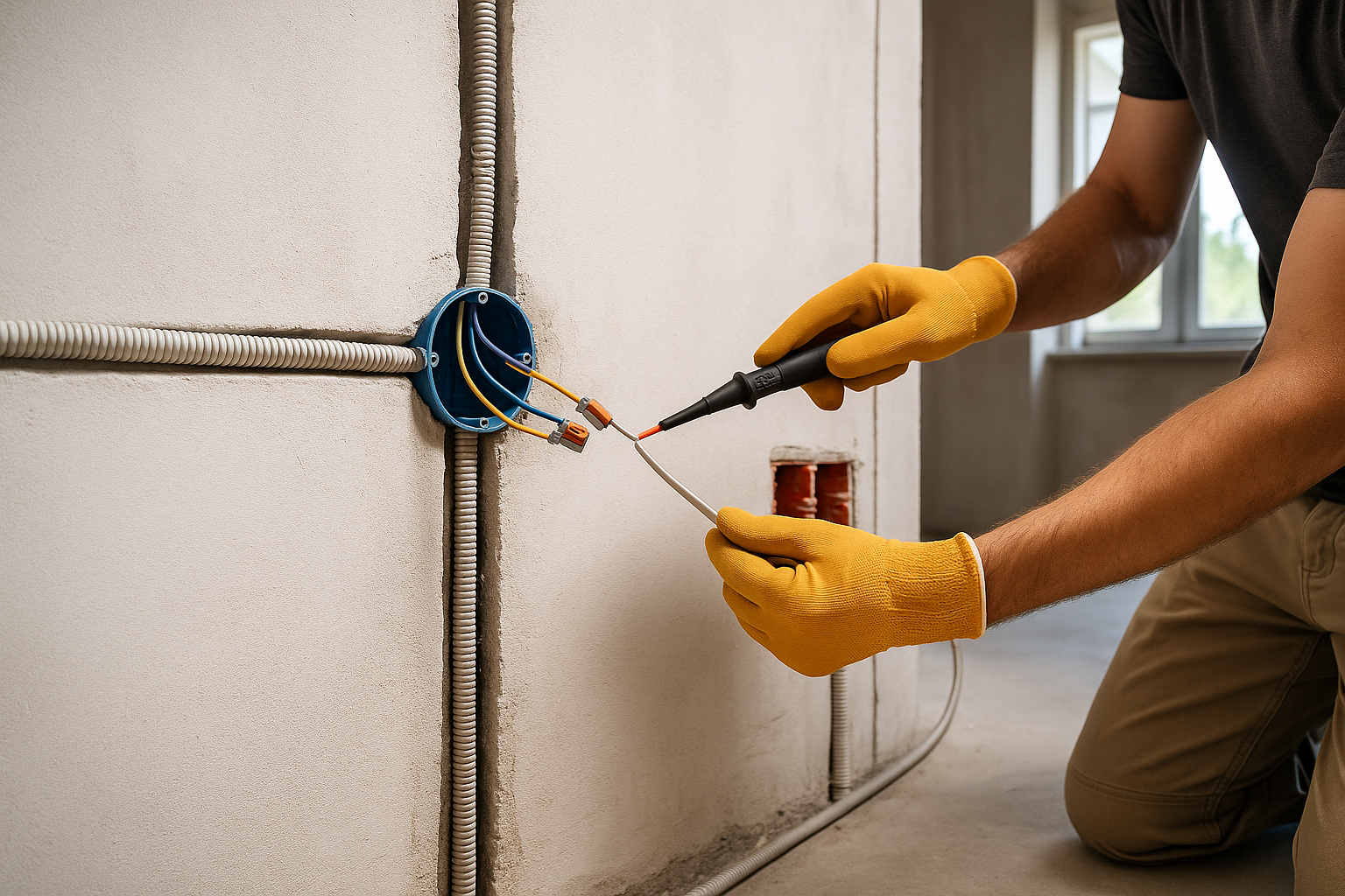 Електрик у рукавицях перевіряє проводку в розподільчій коробці під час монтажу електропроводки