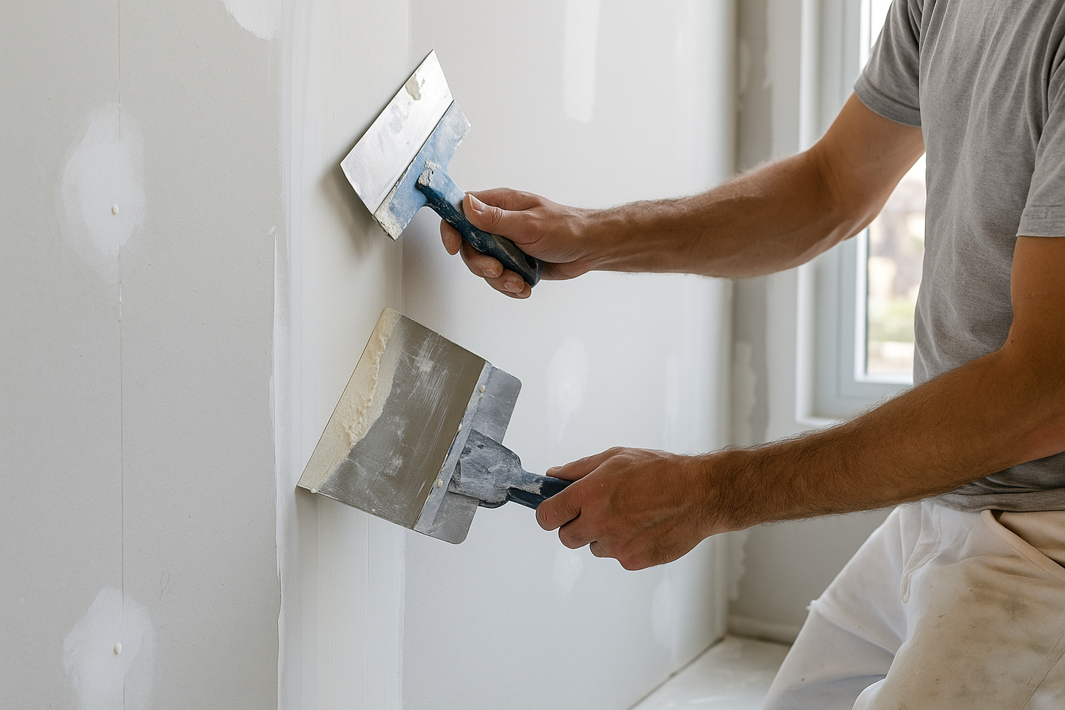 Шпаклювання стін під фарбування — майстер наносить фінішний шар шпаклівки