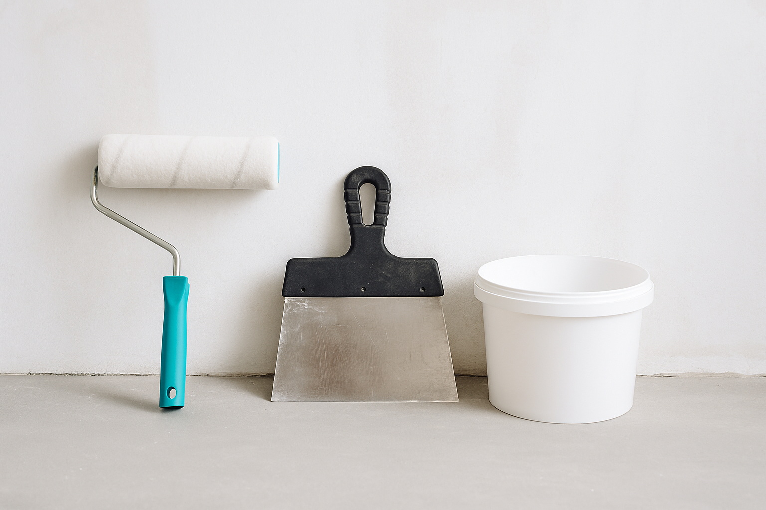 Широкий кадр ремонту: валик, шпатель і відро на тлі світлої стіни перед шпаклюванням