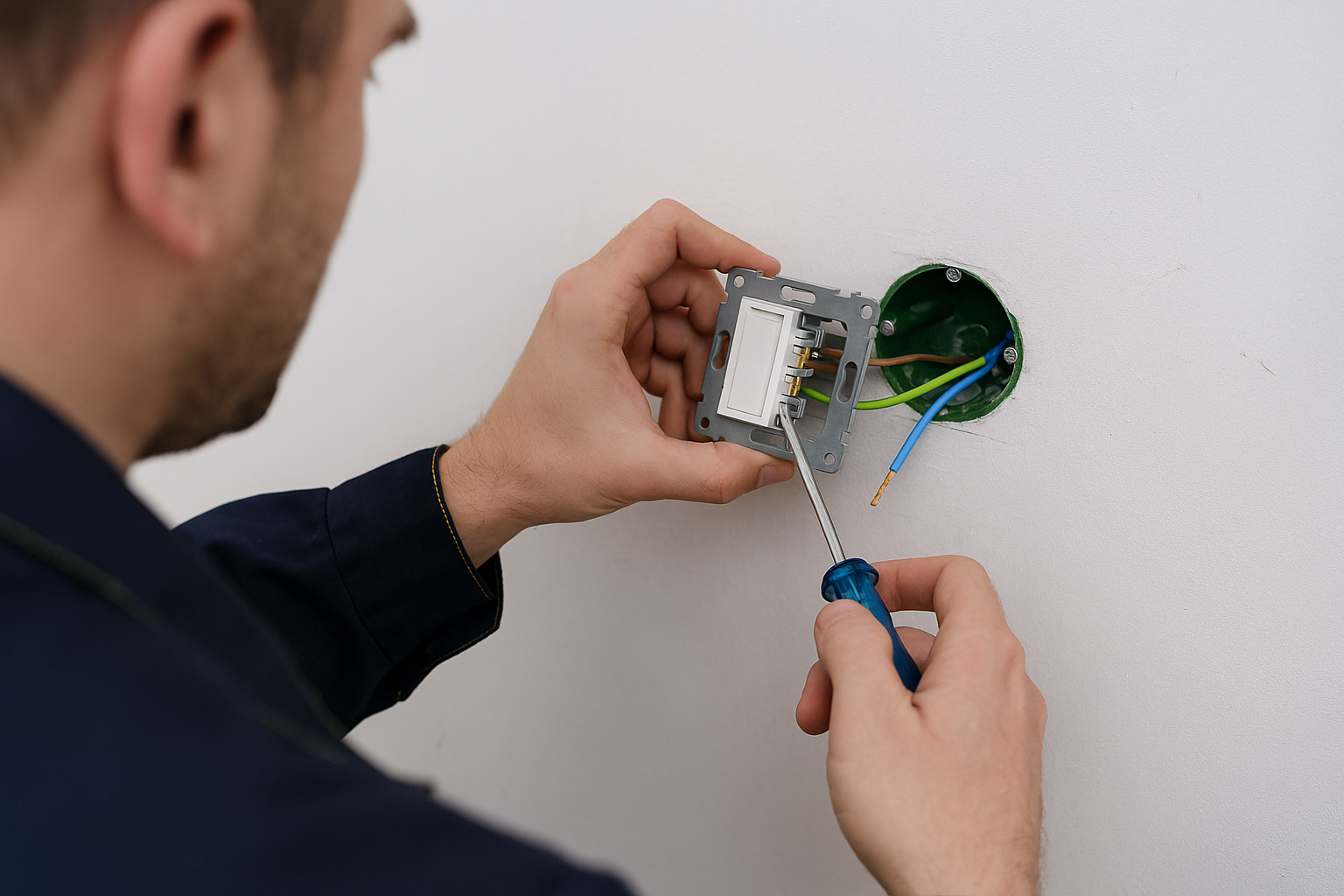 Установка вимикача світла — електрик підключає дроти у підрозетнику