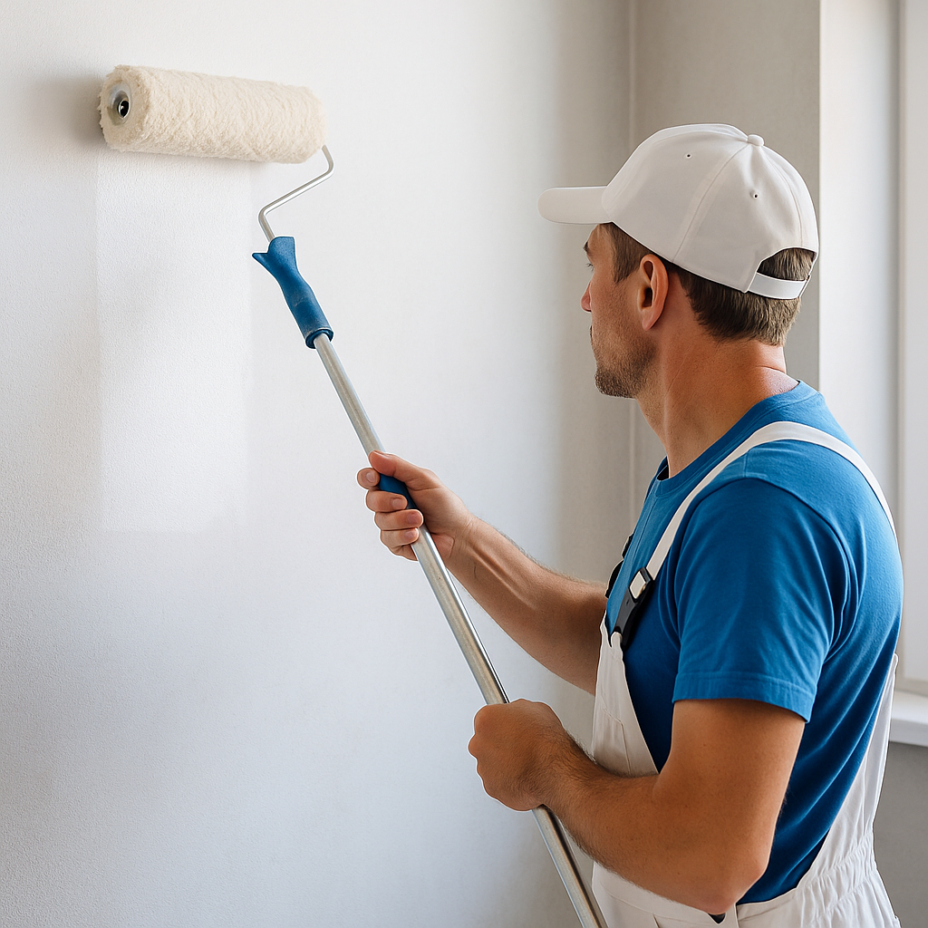 Майстер фарбує стіну валиком у світлій кімнаті