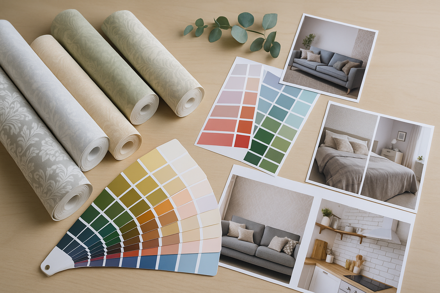 Вибір шпалер для різних кімнат — рулони шпалер, кольорова палітра та візуалізації інтер’єрів на столі
