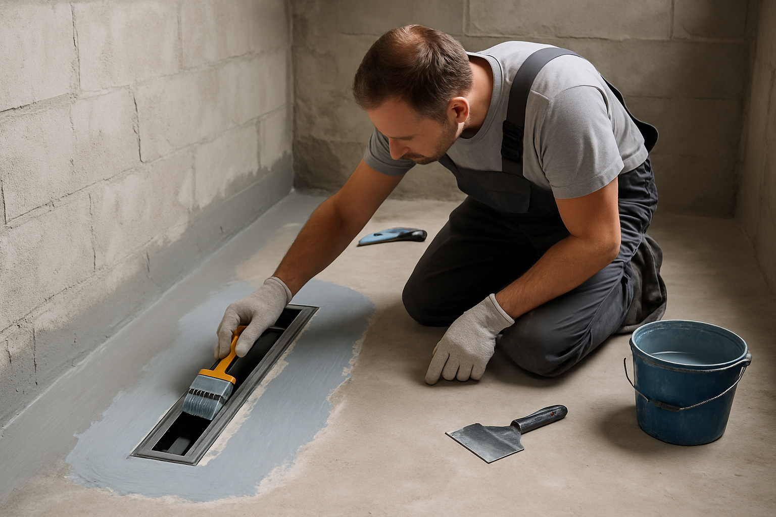 Майстер наносить гідроізоляцію навколо лінійного трапа в душовій