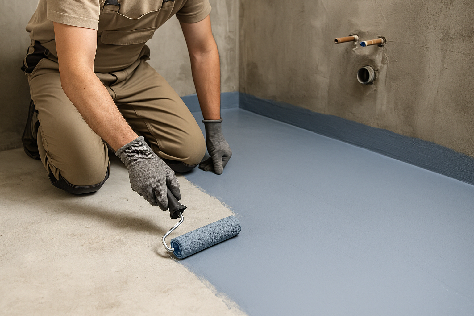 Майстер наносить гідроізоляцію на підлогу у ванній кімнаті новобудови