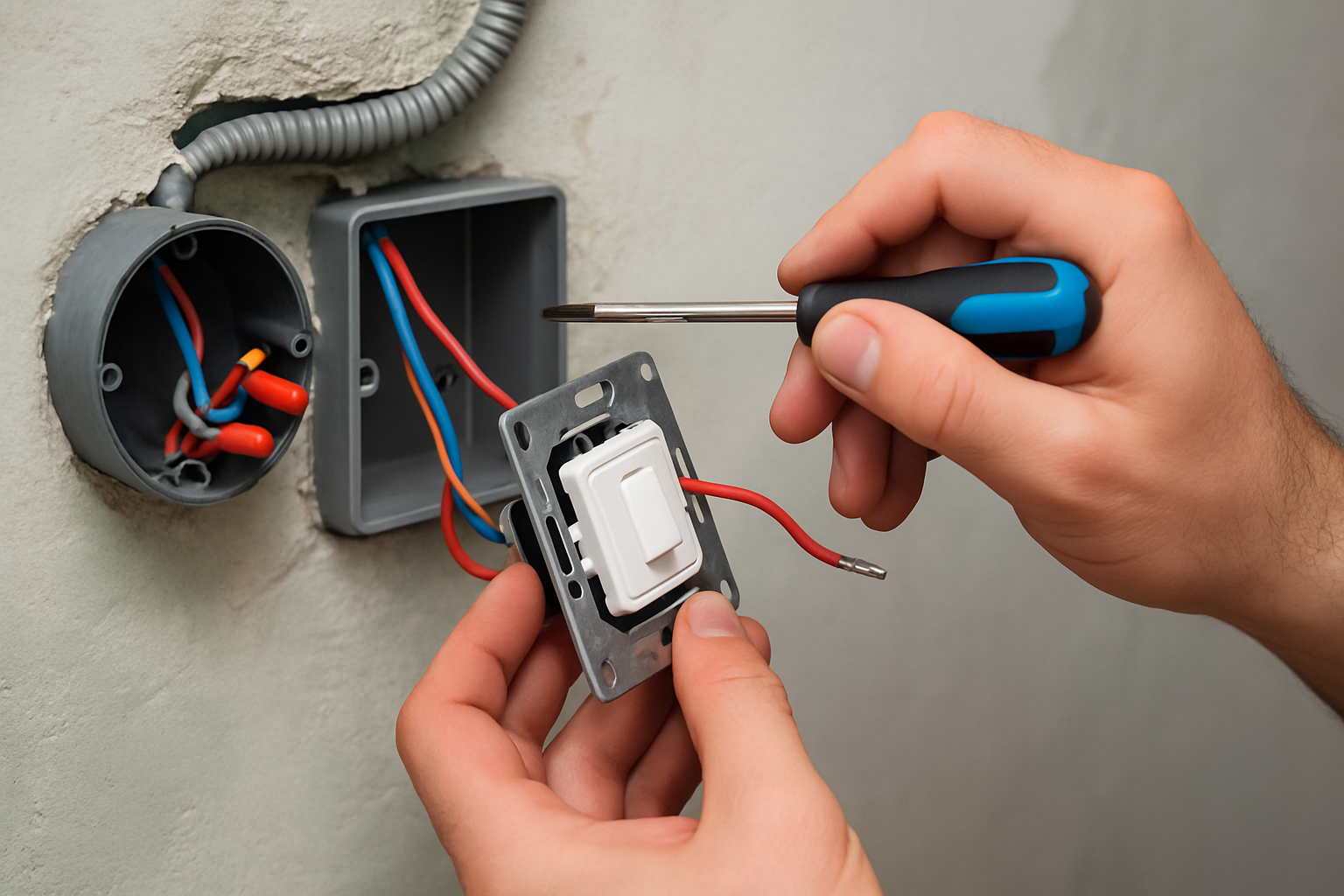 Електрик підключає вимикач із підсвіткою у стіні — проводи та монтажний механізм крупним планом