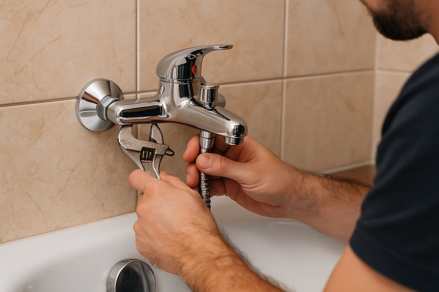 майстер встановлює змішувач у ванній кімнаті