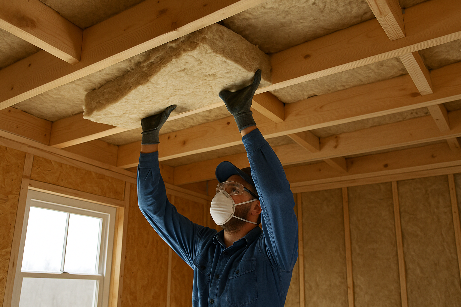 Майстер утеплює стелю мінеральною ватою у приватному будинку