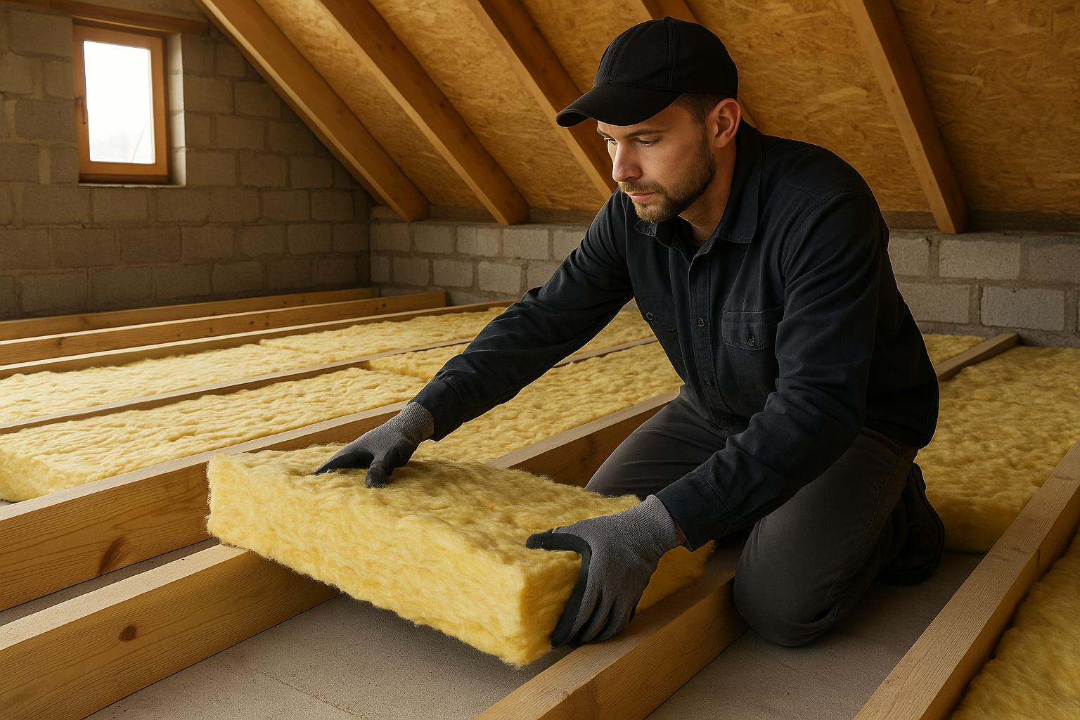 Майстер укладає мінеральну вату на перекриття горища для утеплення стелі