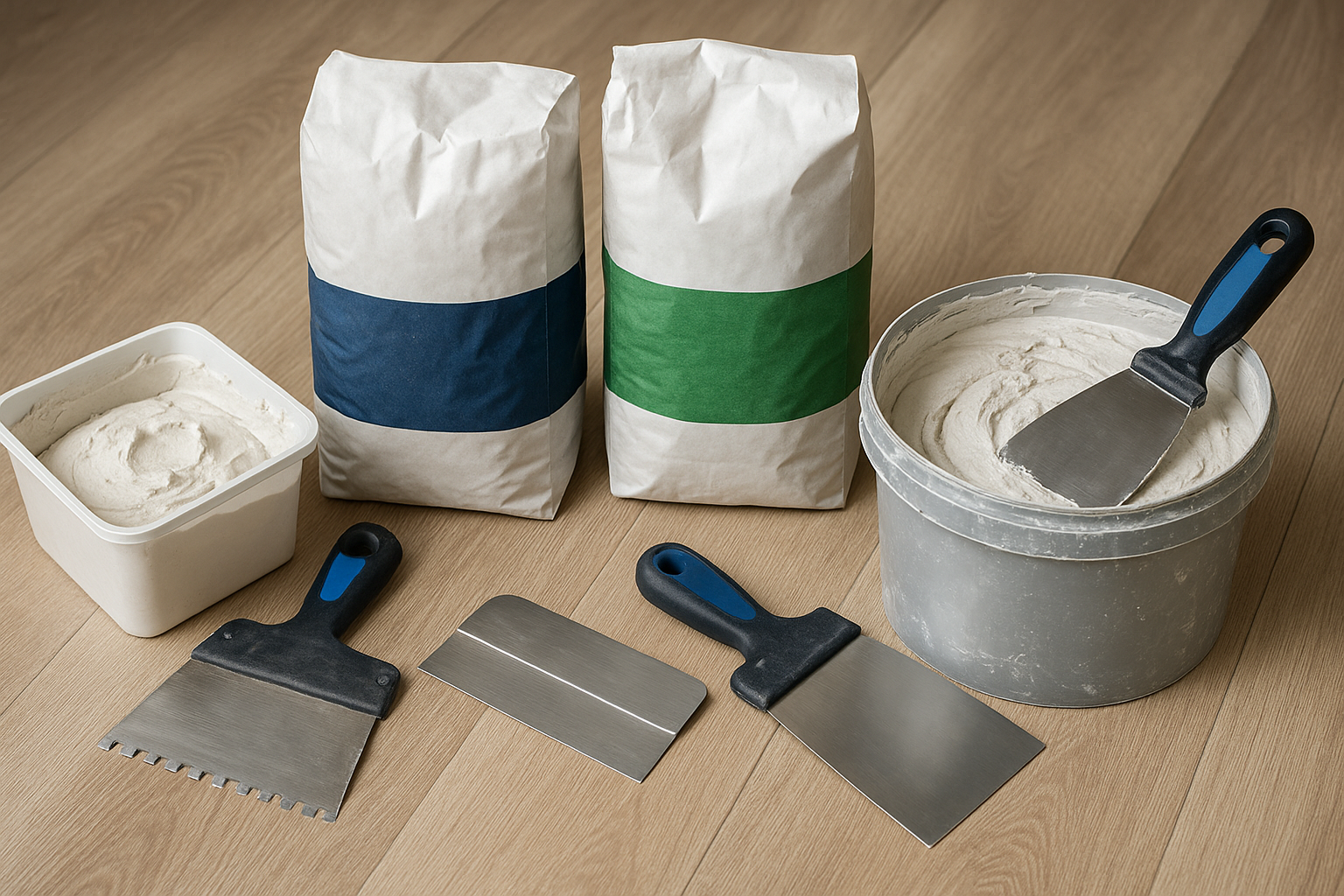 Набір шпаклювальних матеріалів і інструментів: відро зі шпаклівкою, паперові мішки сумішей та шпателі на дерев’яній підлозі (широка без тексту)