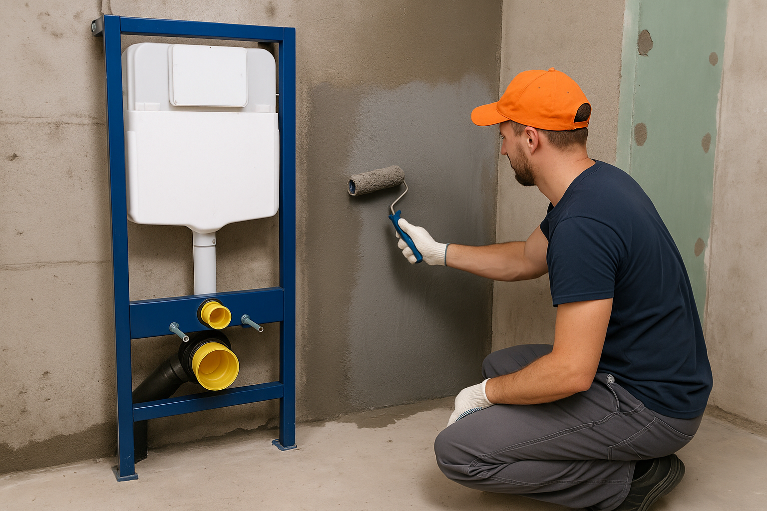 Майстер наносить гідроізоляцію на стіну за інсталяцією у ванній кімнаті