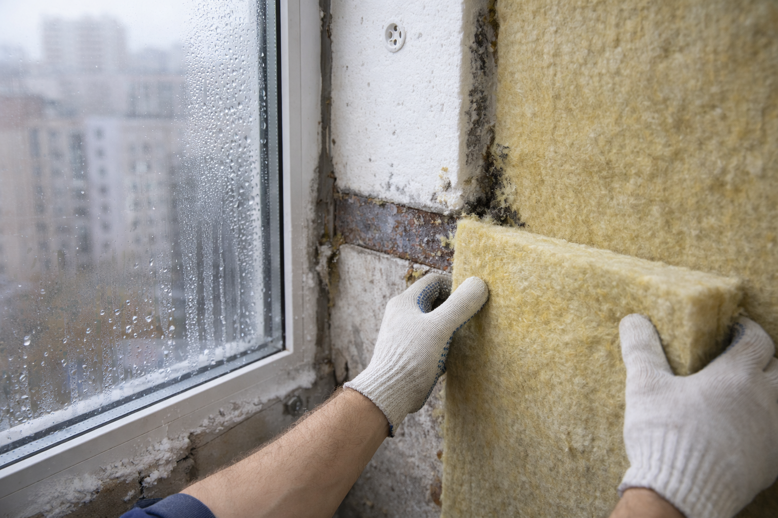 Майстер утеплює стіну мінеральною ватою біля вікна, видно конденсат як наслідок неправильного утеплення