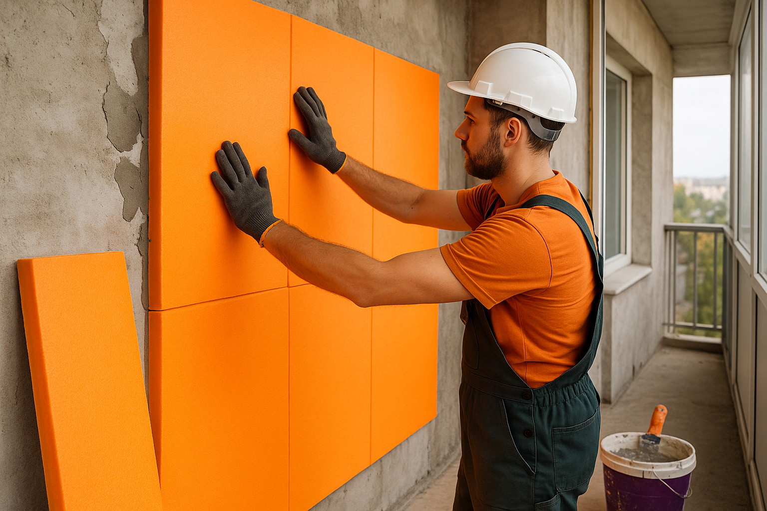 Майстер встановлює плити XPS на стіну балкону під час утеплення