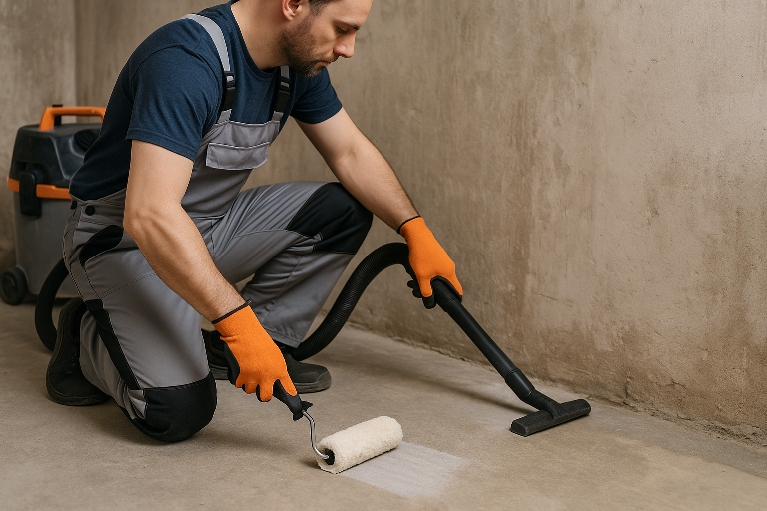 Майстер очищає та ґрунтує бетонну основу перед нанесенням гідроізоляції