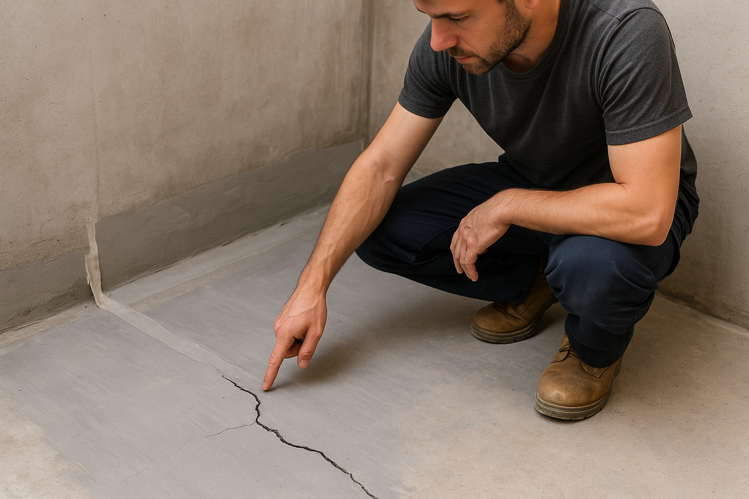 Майстер показує тріснуту гідроізоляцію на підлозі — типова помилка під час ремонту