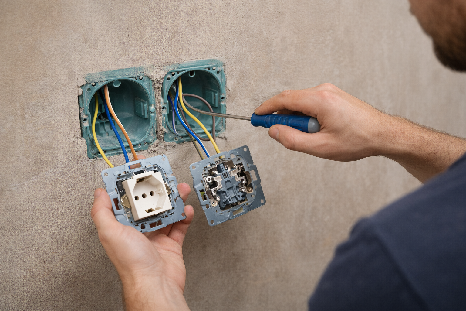 Електрик підключає розетку та вимикач з однієї точки живлення під час ремонту квартири