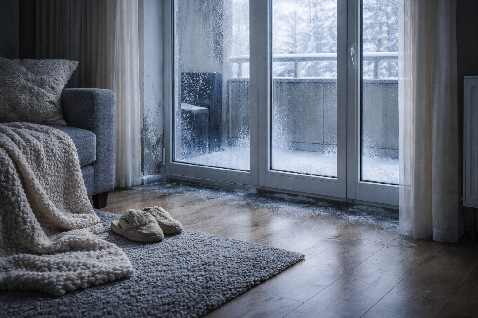 Холодний балкон і балконні двері взимку, конденсат на склі та втрати тепла в квартирі
