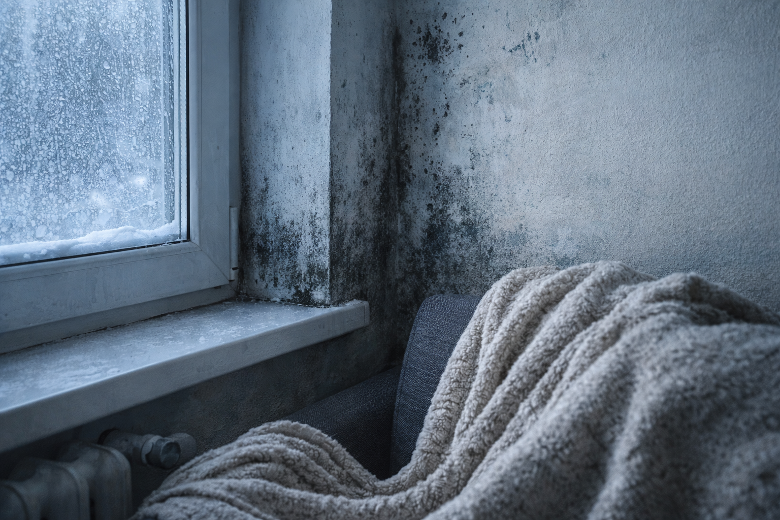 Холодна кутова стіна в квартирі взимку з конденсатом і слідами плісняви біля вікна