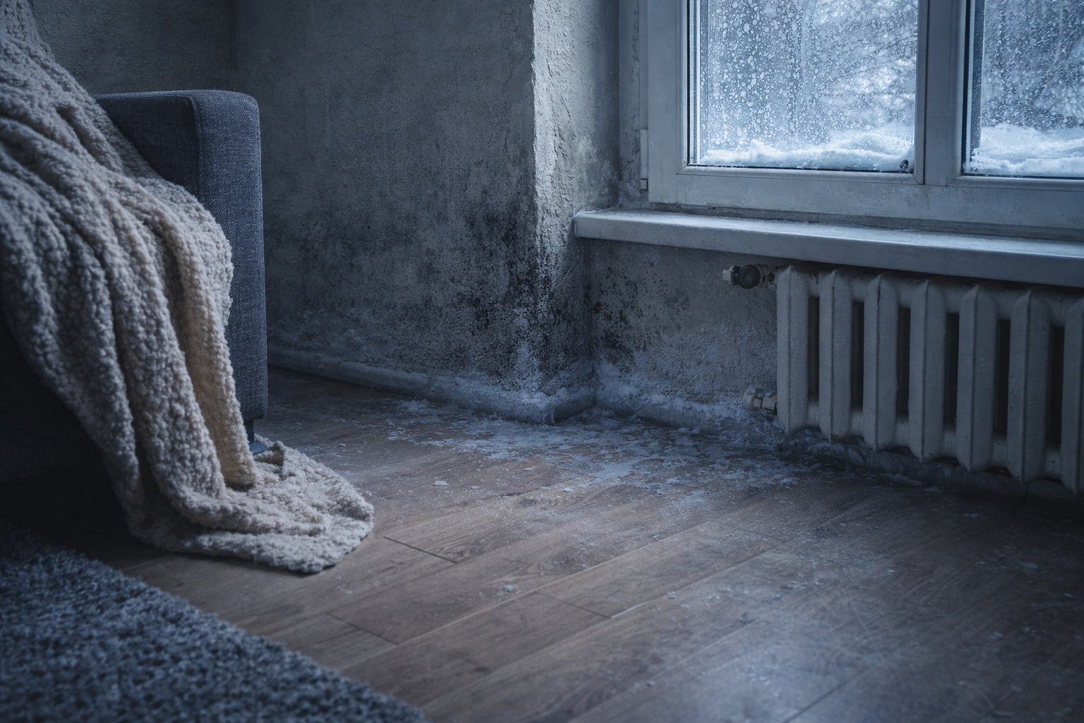 Холодна підлога і зона біля стін у квартирі на першому поверсі взимку, тепловтрати через підвал