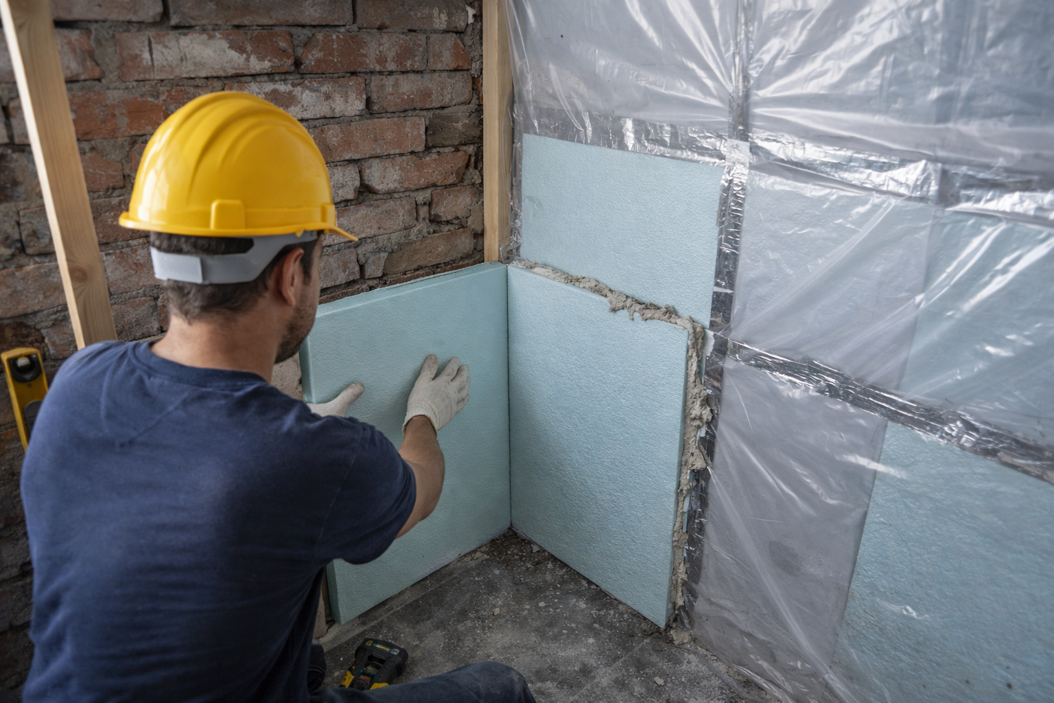 Внутрішнє утеплення приватного будинку плитами XPS по цегляній стіні з пароізоляцією, етап монтажу