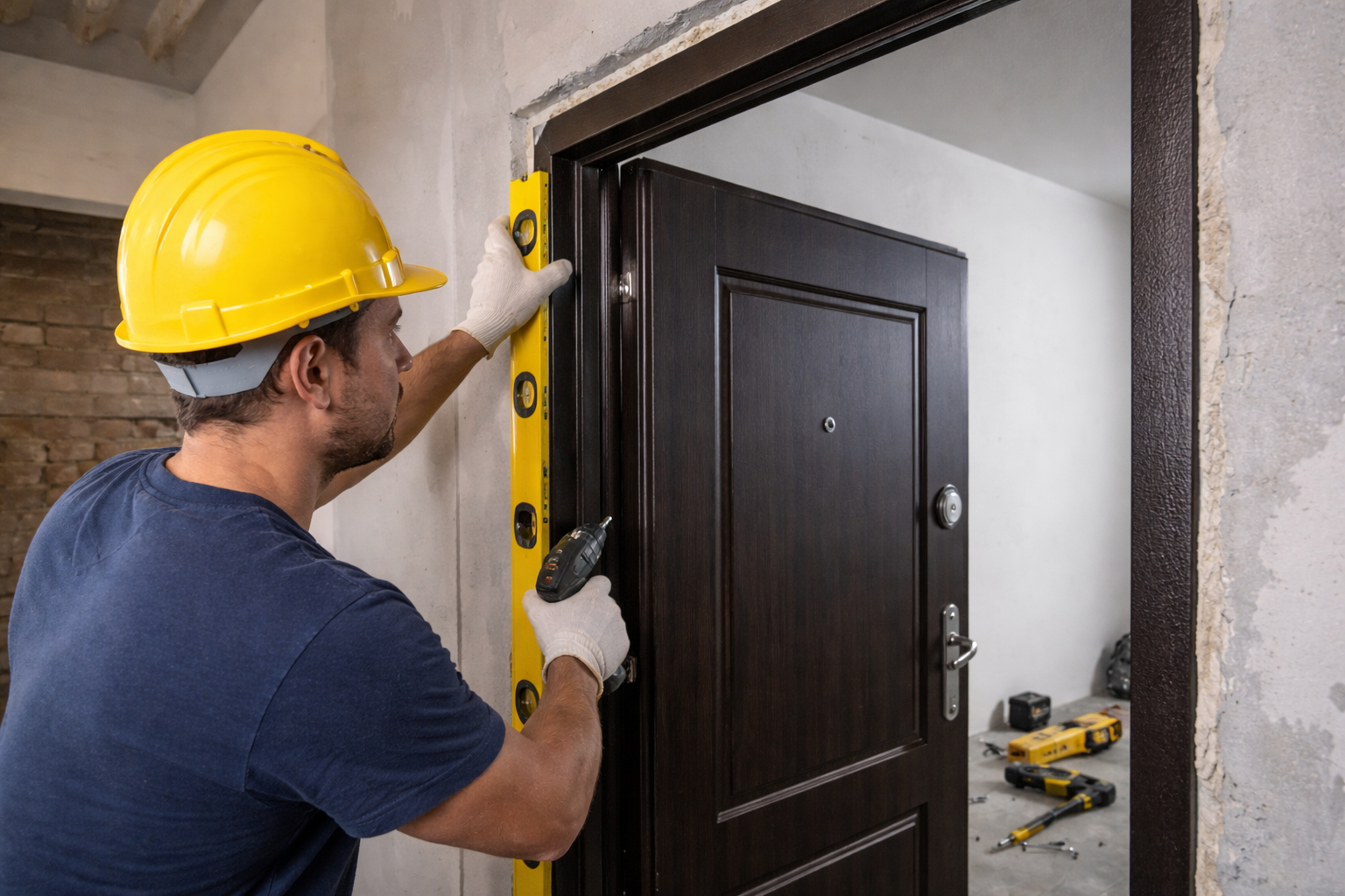 Майстер встановлює вхідні металеві двері в квартиру, перевірка рівнем та фіксація коробки під час монтажу