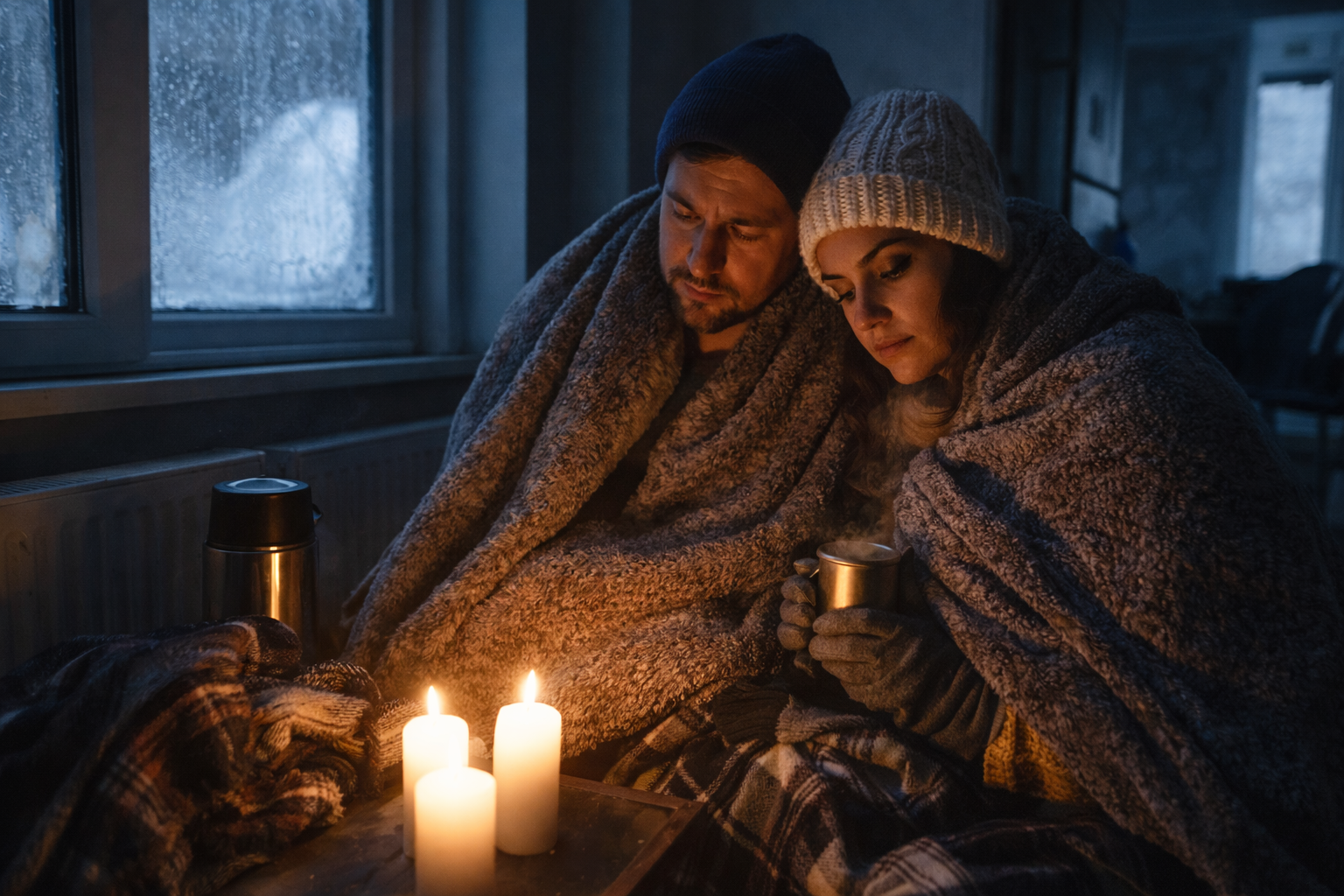 Люди загортаються в ковдри та зігріваються гарячими напоями у холодній квартирі без електрики під час блекауту