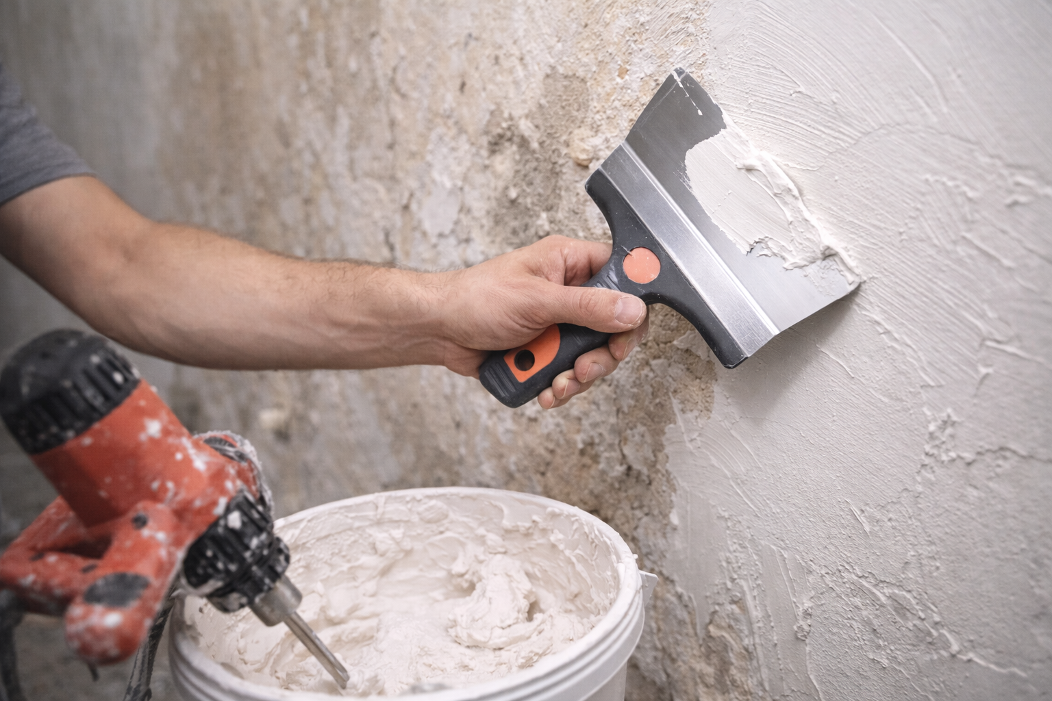 Процес шпаклювання стіни шпателем під час ремонту квартири