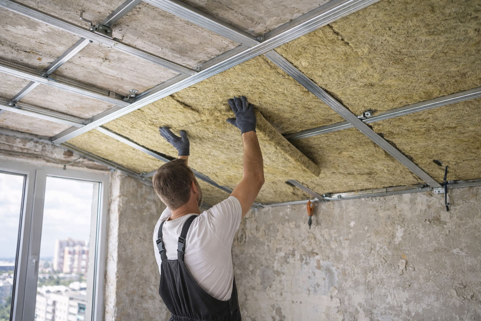 Монтаж мінеральної вати для утеплення стелі в квартирі під час ремонту