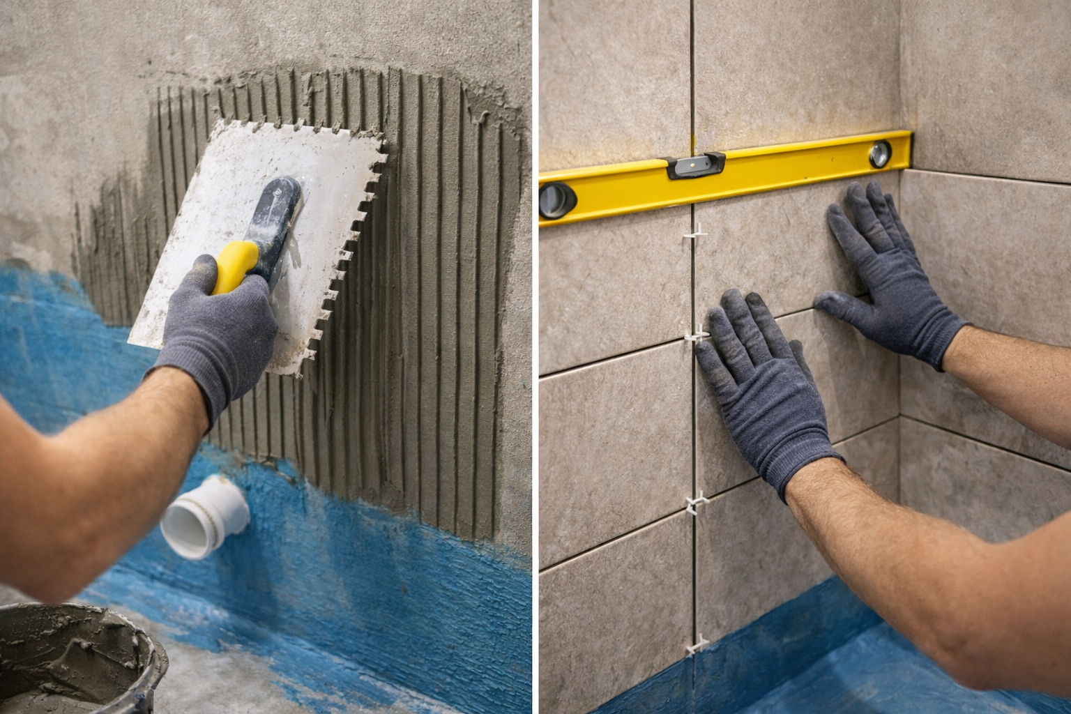 Процес укладання керамічної плитки у ванній кімнаті з використанням рівня та хрестиків